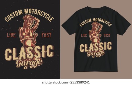 Custom motorcycles, Classic garage. Bike t-shirt design.