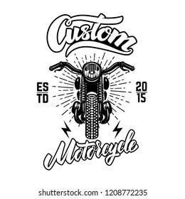 Custom motorcycles. Emblem template with motor bike. Design element for logo, label, sign, poster, t shirt. Vector illustration