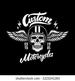 Custom motorcycles. Emblem template with skull in winged helmet. Design element for logo, label, sign, poster, t shirt. Vector illustration