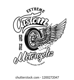 Custom motorcycles. Emblem template with winged wheel. Design element for logo, label, sign, poster, t shirt. Vector image