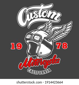 Custom motorcycles. Emblem template with winged racer helmet. Design element for logo, label, sign, emblem, poster. Vector illustration