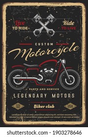 Maßgeschneiderte Motorradteile und Service, Vintage Vektor Poster für Biker Club. Retro Motorrad-Garage, Motorrad oder klassisches antikes Chopper-Fahrrad, amerikanische Custom-Motorrad-Karte und Motorventilkarte