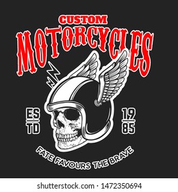 Custom motorcycles. Poster template with skull in winged racer helmet. Design element for poster, logo, label, sign, badge. Vector illustration