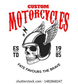 Custom motorcycles. Poster template with skull in winged racer helmet. Design element for poster, logo, label, sign, badge. Vector illustration