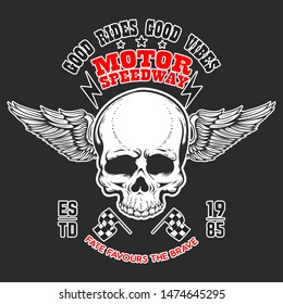 Custom motorcycles .Poster template with winged skull. Design element for poster, flyer, card, banner. Vector illustration