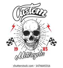 Custom motorcycles. Poster template with winged human skull. Design element for poster, logo, label, sign, badge. Vector illustration