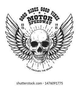 Custom motorcycles .Poster template with winged skull. Design element for poster, flyer, card, banner. Vector illustration