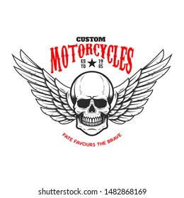 Custom motorcycles .Poster template with winged skull. Design element for poster, flyer, card, banner. Vector illustration