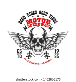 Custom motorcycles .Poster template with winged skull. Design element for poster, flyer, card, banner. Vector illustration