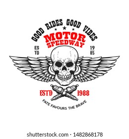 Custom motorcycles .Poster template with winged skull. Design element for poster, flyer, card, banner. Vector illustration