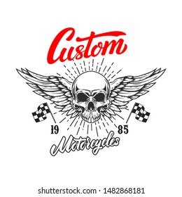 Custom motorcycles .Poster template with winged skull. Design element for poster, flyer, card, banner. Vector illustration
