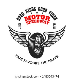 Custom motorcycles. Poster template with winged wheel. Design element for poster, logo, label, sign, badge. Vector illustration
