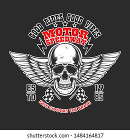 Custom motorcycles .Poster template with winged skull. Design element for poster, flyer, card, banner. Vector illustration