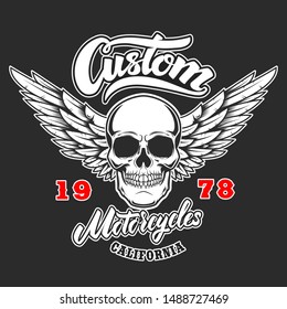Custom motorcycles .Poster template with winged skull. Design element for poster, flyer, card, banner. Vector illustration