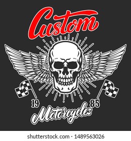 Custom motorcycles .Poster template with winged skull. Design element for poster, flyer, card, banner. Vector illustration