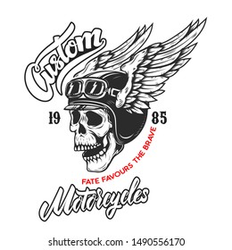 Custom motorcycles .Poster template with winged skull. Design element for poster, flyer, card, banner. Vector illustration