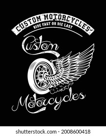 Custom Motorcycles T-shirt design with illustration of the wheel and the wing.