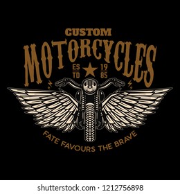 Custom motorcycles. Winged motorbike on black background. Design element for logo, label, emblem, sign, poster. Vector illustration