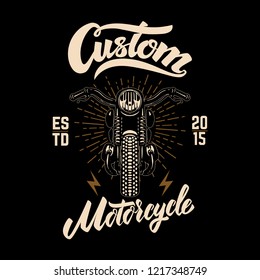 Custom motorcycles. Winged motorbike on black background. Design element for logo, label, emblem, sign, poster. Vector illustration