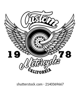 Custom motorcycles.Tshirt print template with winged wheel. Vector illustration