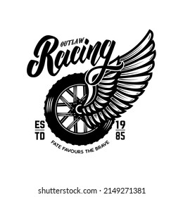 Custom motorcycles.Tshirt print template with winged wheel. Vector illustration