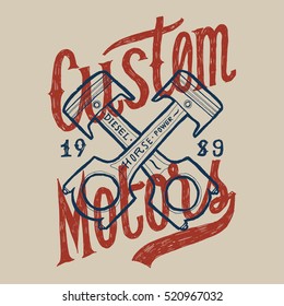 custom motors. crossed pistons label. vintage biker print.