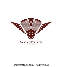 Custom motors logo template. Vector symbol of the motorcycle motor isolated on white background.