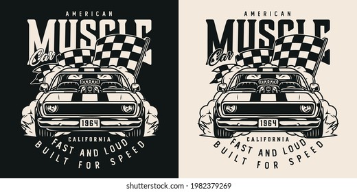 Etiqueta monocromática de vintage de coche músculo personalizado con inscripciones de bandera de raza a cuadros y potente ilustración vectorial aislada del automóvil retro americano