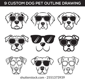 Custom Pet Dog Head Outline Drawings with Sunglasses – Stylish Dog Breed Illustrations, Trendy Pet Art, Modern Dog Sketches, and Unique Graphic Design Elements