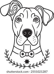 Dibujo de contorno de mascotas personalizado - Retrato de perro elegante con pajarita, ilustrado en blanco y negro, arte minimalista de mascotas, boceto de perro personalizado, ilustración de animales con estilo