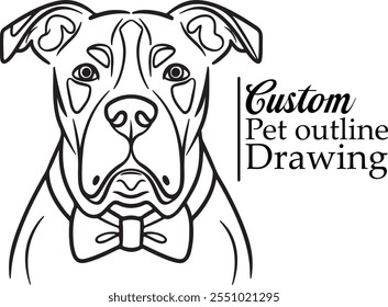 Dibujo de contorno de mascotas personalizado - Retrato de perro elegante con pajarita, ilustrado en blanco y negro, arte minimalista de mascotas, boceto de perro personalizado, ilustración de animales con estilo