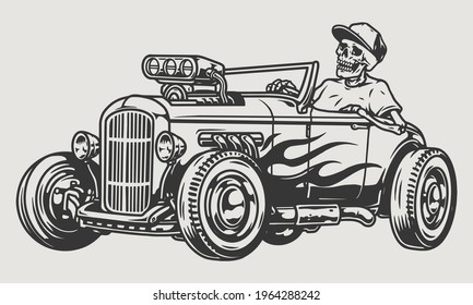 Custom racing car vintage monochrome concept with skeleton in baseball cap and shirt driving hot rod with flame decal isolated vector illustration