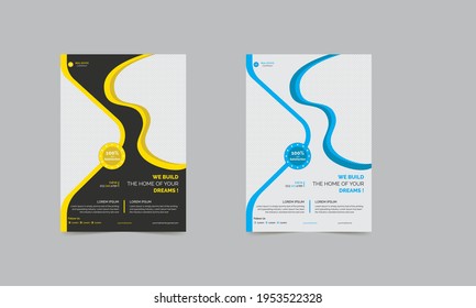 Custom real estate business flyer design brochure template with blue and yellow color. Promotion, marketing, business 
proposal, promotion, advertise, publication, cover page.