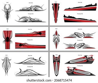 Custom red, black, gray and white illustrated pinstripes and racing stripes collection for vehicles, cars, trucks, boats and motorcycles. Vector eps graphic designs.