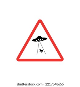 Custom red triangular sign indicating abduction, alien spaceship, fictional street sign flat design.