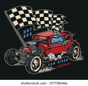 Custom retro car colorful print in vintage style with racing checkered flag skeleton in baseball cap driving red hot rod isolated vector illustration