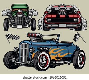 Custom retro cars colorful concept with racing checkered flags hot rods and muscle automobile in vintage style isolated vector illustration