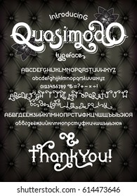 Custom retro typeface Quasimodo. Vintage alphabet font with full character set, numerals & punctuations, stylistic alternates and cyrillic
