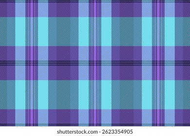 Fondo de tela sin costuras personalizado, Vector textil a cuadros de color. Tablón de textura de patrón de tartán check en la paleta de colores violeta y cian.