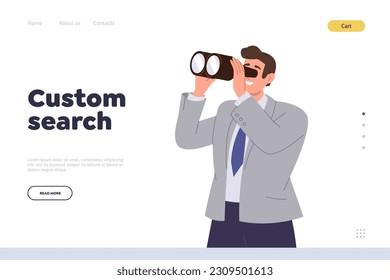 Custom search landing page design template with businessman character looking through binocular