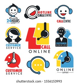 Custom service and online support, call center isolated vector icons. Operators in headsets or headphones with microphones, informative aid line or chat. Hotline emblems or logo, questions answering
