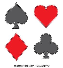A custom set of vector poker suits over a white background. These ornate bordered symbols include spades, clubs, hearts and diamonds.