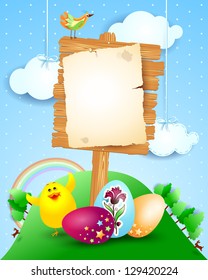 Custom signboard on Easter landscape, vector