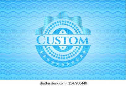 Custom sky blue water wave badge background.