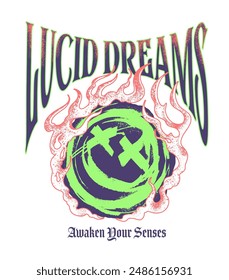 custom slogan saying Lucid Dreams in a bold, stylized font, surrounded by dynamic, flame like shapes. The central image, a swirling green and happy face illustration