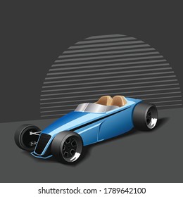 Custom speedstar updated look. New generation blue hot rod. Banner car with abstract background and brown interior