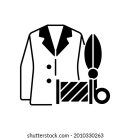 Custom Suits And Shirts Black Linear Icon. Professional Tailor Studio. Jacket, Scissors, Spool. Clothing Alteration And Repair Services. Outline Symbol On White Space. Vector Isolated Illustration