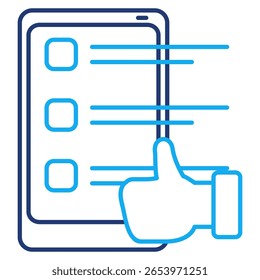 Ícone de sugestões de tarefa personalizada representado pela lista de verificação de tarefa, mão thump acima Dual Line estilo.