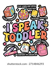 Diseño gráfico de profesor personalizado, hablo de niño pequeño, regalo personalizado de maestro de guardería, camiseta de maestro preescolar, 100 días de escuela, regalo de cuidado de niños proveedor. 