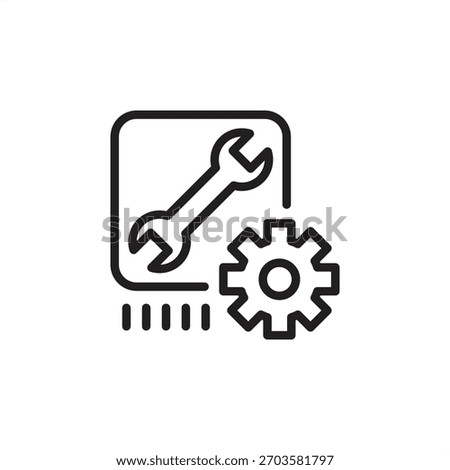 Custom Tooling Fabrication icon symbolizing specialized manufacturing and maintenance support. Features a wrench and a gear in a box, representing bespoke tool creation and mechanical repair.